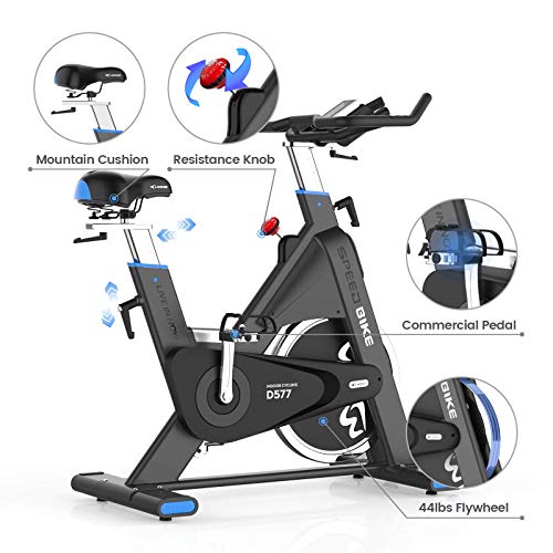 pooboo Exercise Bike Belt Driven Indoor Cycling Bike Commercial Standard Stationary Bike with 44lbs Flywheel for Professional Cardio Workout (Black and Blue)