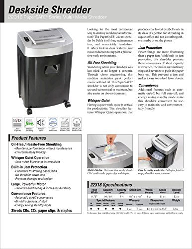 Dahle PaperSAFE 22318 Paper Shredder, Oil Free, Security Level P-4, 16 Sheet Max, Shreds CDs, Credit Cards & Paper Clips