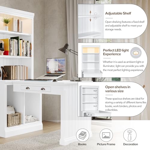 Merax 83.4" Tall Storage Bookshelf & Writing Desk Suite with LED Lighting, Drawers, Open Shelves - 2-Piece Set, White