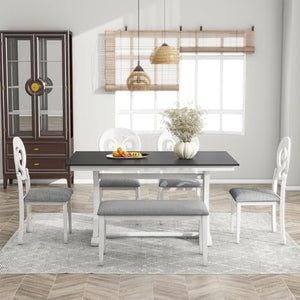 Bxhlxzz 6 Piece Retro Wood Dining Table Set with Chairs and Bench, Gray+Antique White