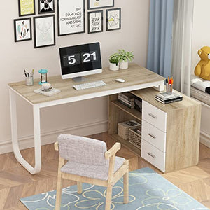 Homsee L-Shaped Home Office Computer Desk with Storage Cabinet - Walnut and White