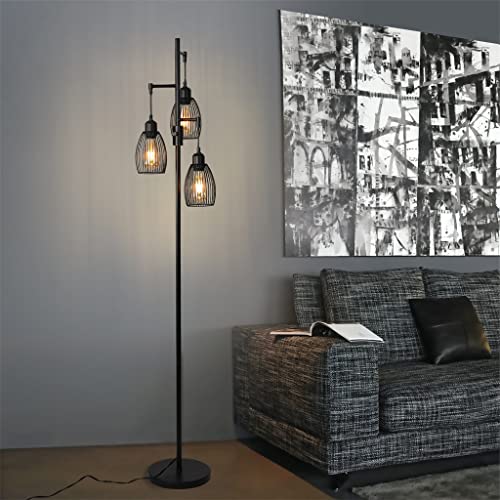 VejiA Industrial Floor Lamp with 3 Hanging Lampshades, Vintage Standing Tree Lamps - Black