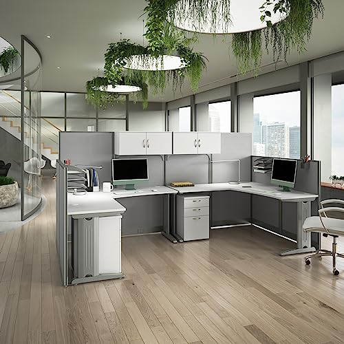 Bush Business Furniture Office in an Hour L Shaped Cubicle Desks with Storage and Privacy Panels | Double Workstation Set, Pure White