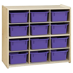Contender 12 Compartment Kids Cube Locker Shelf with Purple Bins, Hardwood Montessori Shelves Organizers for Daycare, Nursery, Offices [ Fully Assembled]