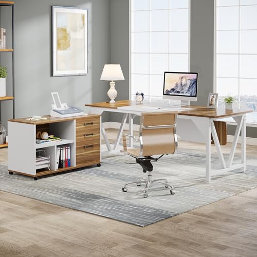 Tribesigns Executive Desk with File Cabinet Combo, L-Shaped Computer Desk, 3 Drawers, White