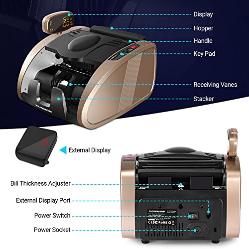 XUNHON Rechargeable Money Counter Machine with UV/MG/IR Counterfeit Detection, Cash Counting Machine with 9 Modes, 2600mAh Battery and 2LCD Display,1300 Bills/Min -X01-Pro