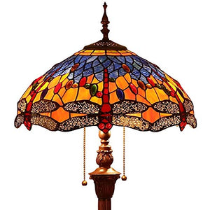 Bieye Dragonfly Tiffany Style Stained Glass Floor Lamp - Orange Blue, 65 Inch Tall