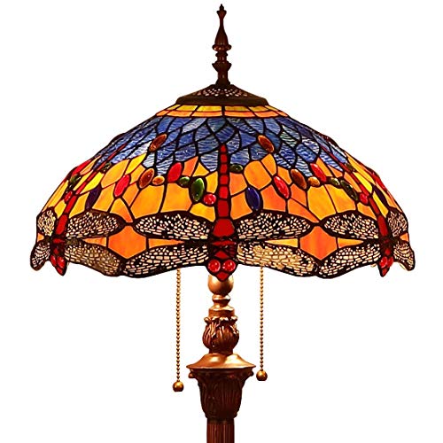 Bieye Dragonfly Tiffany Style Stained Glass Floor Lamp - Orange Blue, 65 Inch Tall