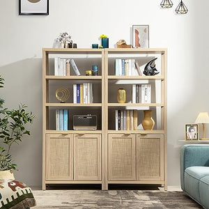 SICOTAS 5 Tier Rattan Boho Bookshelf with Doors - Natural 3PCS