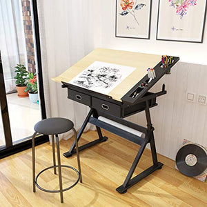 Lgan Height Adjustable Drawing Desk, Tiltable Craft Table with Storage, Maple Panel Art Desk, for Home Office Drafting Table