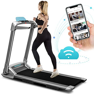 OVICX Q2S Folding Portable Treadmill Compact Walking Running Machine for Home Gym Workout Electric Treadmills with LED Display Device Holder Treadmill for Small Spaces