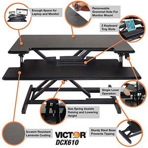 Victor DCX610 Height Adjustable Compact Standing Desk| Black| 33” Wide Sit-Stand Dual Monitor Desk and Laptop Riser Workstation| Compatible with Most Monitor Arms