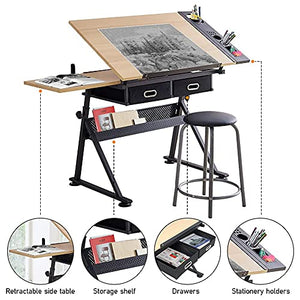 None Adjustable Drawing Table with Tiltable Tabletop and 2 Drawers/Stool