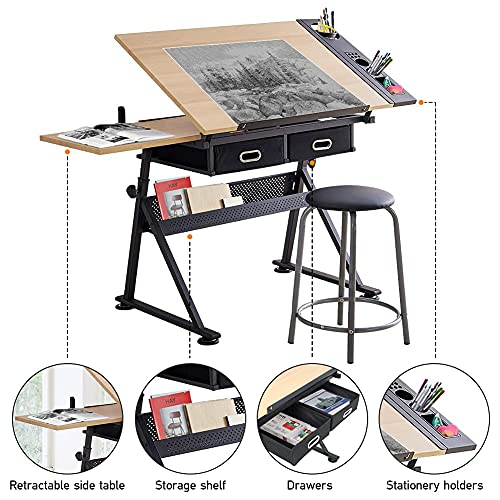 Adjustable Drawing Table with Tiltable Tabletop and 2 Drawers/Stool