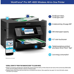 Epson Workforce Pro WF 4820 Wireless All-in-One Color Inkjet Printer, Black - Print Scan Copy Fax - 25 ppm, 4800 x 2400 dpi, 8.5 x 47.2, Auto 2-Sided Printing, 35-Sheet ADF, Bluetooth, Ethernet, USB