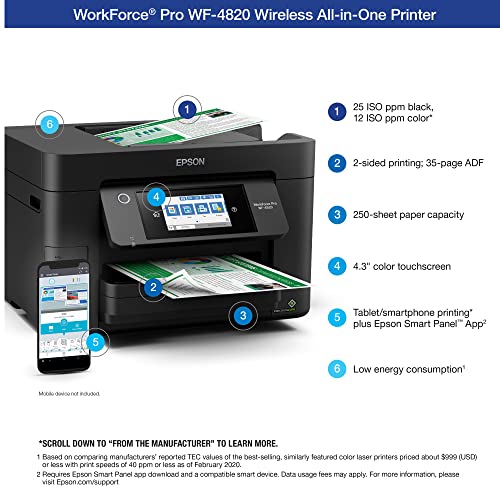 Epson Workforce Pro WF 4820 Wireless All-in-One Color Inkjet Printer, Black - Print Scan Copy Fax - 25 ppm, 4800 x 2400 dpi, 8.5 x 47.2, Auto 2-Sided Printing, 35-Sheet ADF, Bluetooth, Ethernet, USB