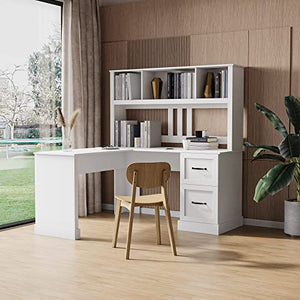 Generic Home Office Computer Desk with Hutch, Antiqued White Finish