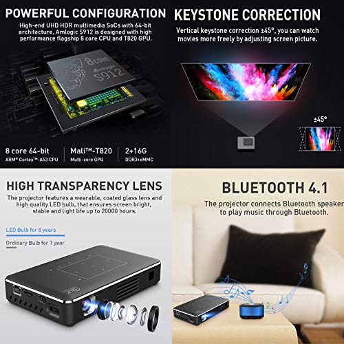 CACACOL T10 Mini Portable Pocket Projector Touch Panel Android Smart 4K UHD Support Slim Wireless LED DLP Phone Projector Built-in Battery (Grey)