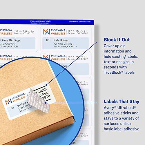 Avery Waterproof Labels with Ultrahold Adhesive, 3-1/3" x 4", Case of 1,500 Labels for Laser Printers (5524)