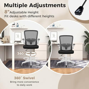 JIMUOO Drafting Chair with Flip Up Armrests, Mesh High Task Chair, Adjustable Foot Ring & Lumbar Support - White