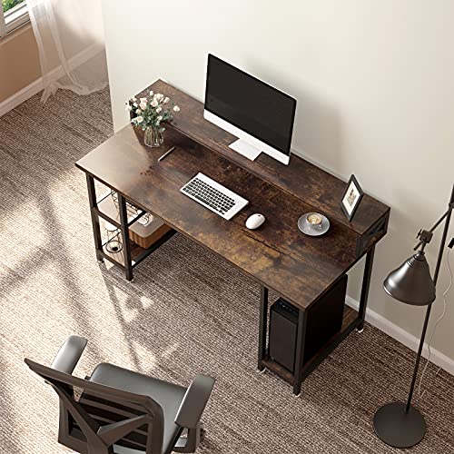 YITAHOME Computer Desk with 3 Storage Shelves, Writing Table with Double Layer for Monitor Stand, 55 inch Tabletop Workstation for Home Office Work Study, Rustic Brown