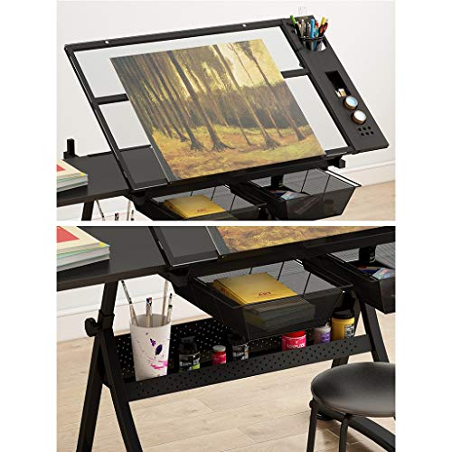 Lgan Drafting Table with Storage, Height Adjustable Tiltable Art Desk, Glass Panel Drawing Desk, for Work Study Painting Craft Table