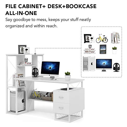 Tribesigns Computer Desk with Drawers, Functional Writing Desk with Corner Tower Shelves Works as Home Office Compact Workstation Desk for Small Space (All White)