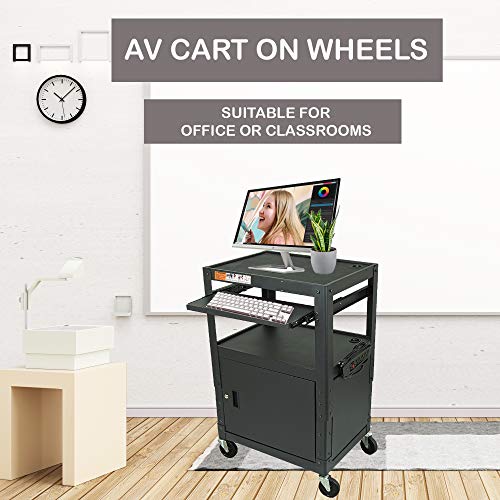 POCHAR Height Adjustable Steel Frame AV Cart with Keyboard Tray, Locking Cabinet, and 5ft 9in Power Strip