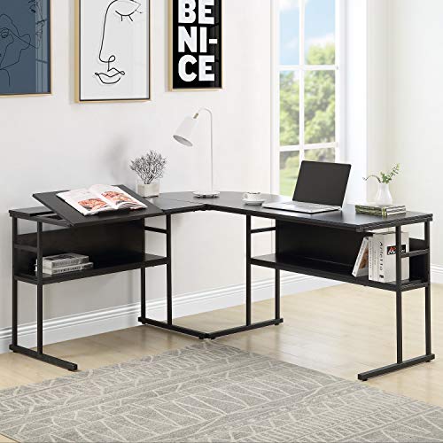 Merax L-Shaped Bottom Bookshelves, Multi-Function Drafting Drawing Table with Tiltable Desktop Desk, 59" L x 67" W x 29.5" H, Black