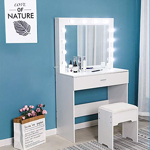Onefa Makeup Vanity Table with Lighted Mirror, Cushioned Stool, Dressing Table, Vanity Makeup Table Set for Girl and Women, Vanity Dressing Table Set with Big Drawer