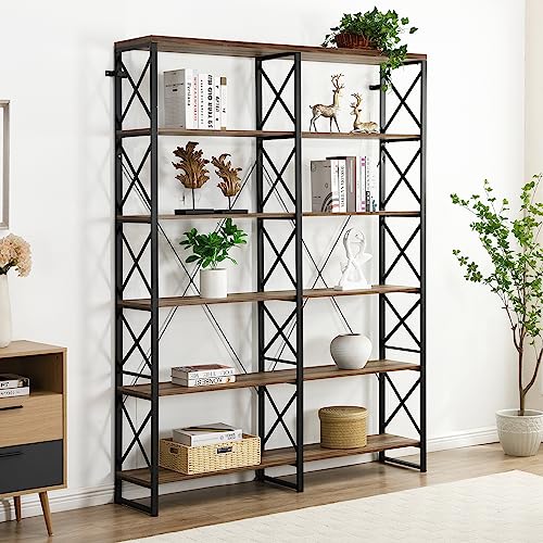 O&K FURNITURE Industrial Double Wide 6-Shelf Bookcase, 76" H - Vintage Brown