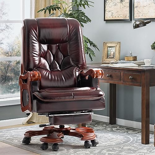 Kinnls Massage Office Chair with Footrest Genuine Leather Vintage Executive Chair