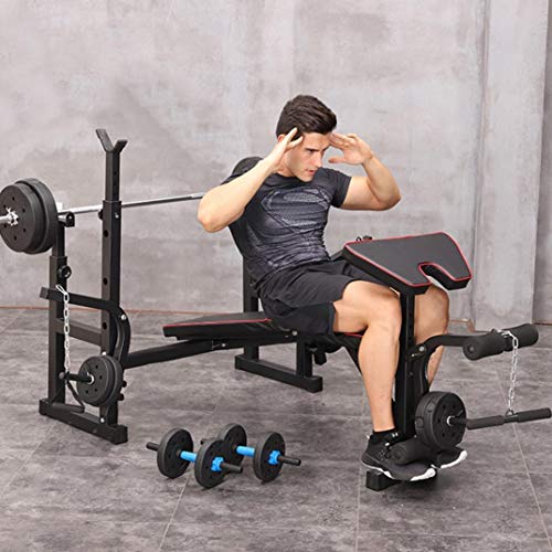 QAZQ Olympic Standard Weight Bench Press Bench with Squat Rack Stand, Leg Developer Extension, Preacher Curl, Barbell Dumbell Pad, for Strength Training Weightlifting Sit up Board Workout Station
