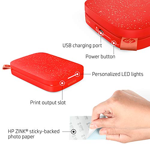 HP Sprocket 200 Portable Photo Printer | Instantly Print 2x3" Sticky-Backed Photos From Your Phone | Cherry Tomato (1AS90A)