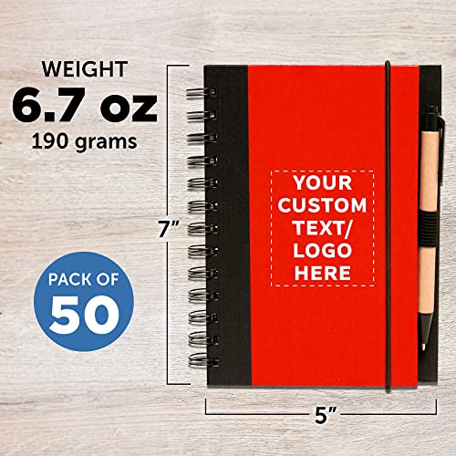 50 ECO Block Notebooks with Pens Pack - Customizable Text, Logo - Spiral, Recycled, Elastic Loop - Red
