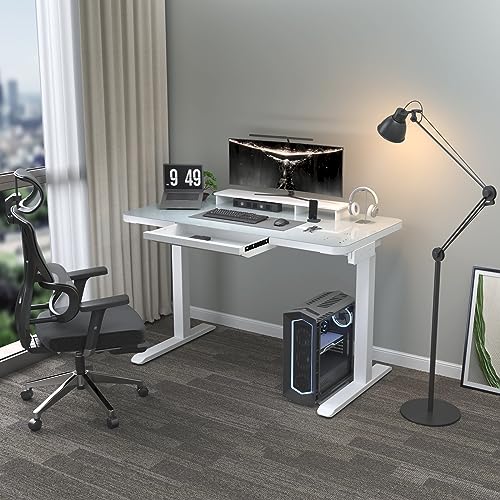ADOFFUR Dual Motor Glass Standing Desk with Drawers, White Electric Stand Up Desk