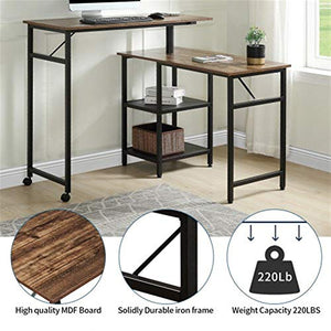 L-Shaped Home Office Rotating Standing Computer Desk, Modern Office Study Workstation, Industrial 360 Degrees Free Rotating Corner Computer Desk with Storage Shelf for Small Spaces (Brown)