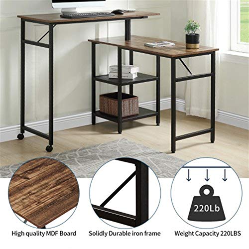 L-Shaped Home Office Rotating Standing Computer Desk, Modern Office Study Workstation, Industrial 360 Degrees Free Rotating Corner Computer Desk with Storage Shelf for Small Spaces (Brown)