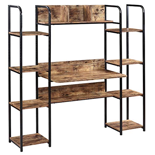 Merax. Home Office Hutch and Double Bookcase, Computer Workstation with Storage Bookshelf Desk, Brown