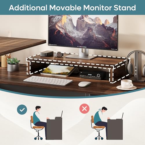 Bestier L Shaped Desk with File Drawer and Reversible Storage Drawers, Walnut, 55'' x 55''