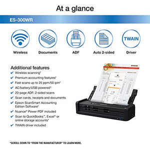 ES-300WR Wireless Color Portable Duplex Document Scanner Accounting Edition for PC and Mac, Auto Document Feeder (ADF)