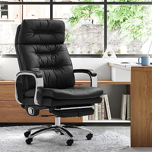 Kinnls Vane Massage Office Chair with Footrest - Executive Genuine Leather Desk Task Chair - 500lbs (Black)