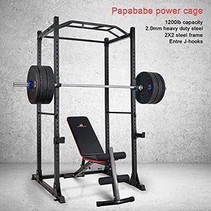 PAPABABE Power Rack Power Cage Workout Station Home Gym for Weightlifting Bodybuilding and Strength Training (1200lb Capacity with 2 Extra J-Hooks)