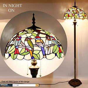 WERFACTORY Tiffany Floor Lamp Double Birds Amber Stained Glass 16X16X64 Inches Antique Pole Corner Lamp - S805 Series