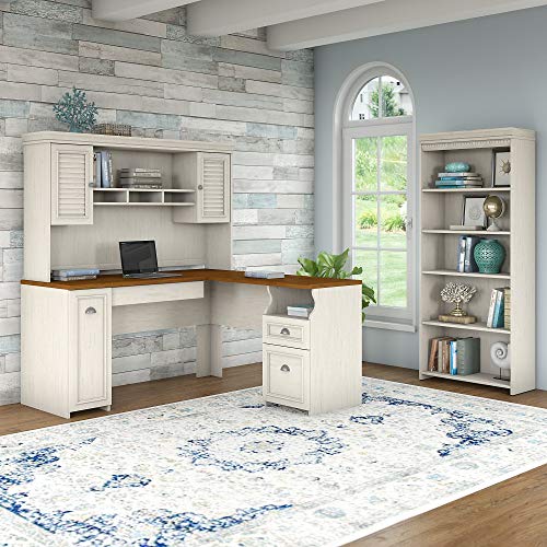 Bush Furniture Fairview L Shaped Desk with Hutch and 5 Shelf Bookcase in Antique White