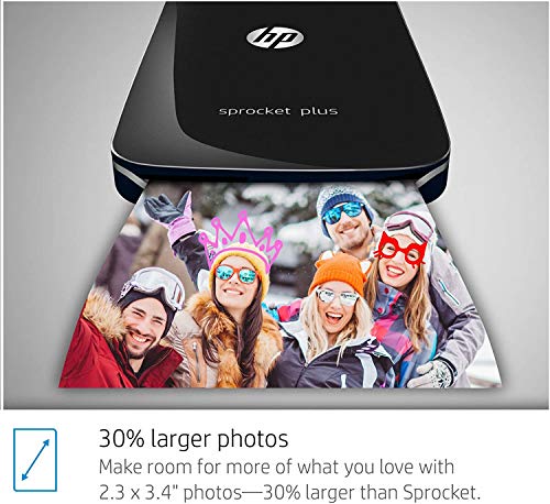 HP Sprocket Plus Instant Photo Printer (Black) Prints on 2.3x3.4” Zink Sticky Back Pictures Straight from Smartphone & Social Media.