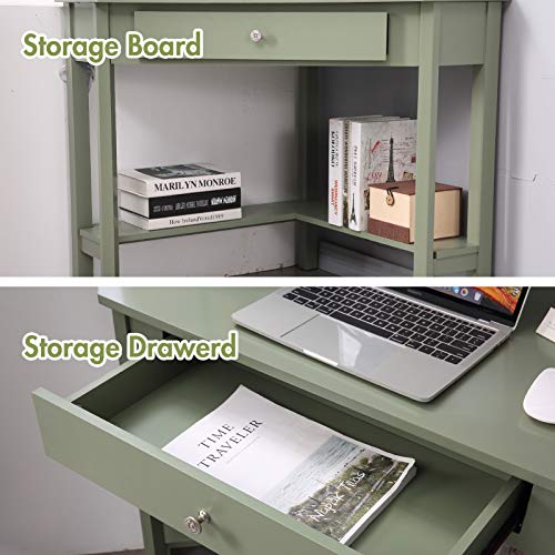 Lipo Corner Desk, 29.7" × 29.7" Home Office Computer Table, Space-Saving Laptop PC Table Writing Study Table with Drawers and Storage Shelf,Green