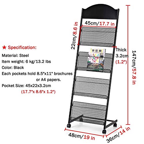 JacCos Rolling Brochure Display Stand - 4 Pocket Literature Rack with Wheels (Silver/Black)