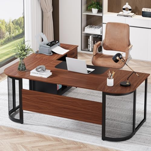Tribesigns Executive Desk with File Cabinet, L-Shaped Office Desk with Drawer and Shelves