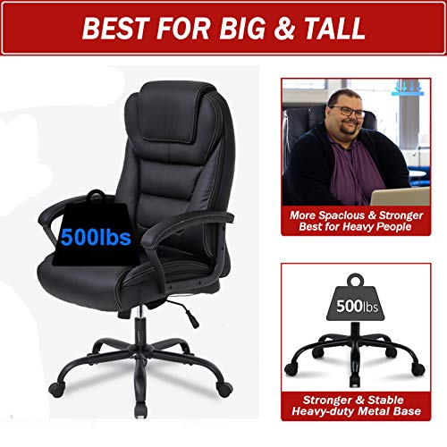 Squadise Big and Tall Office Chair 500lbs Ergonomic High Back Executive Chair with Lumbar Support Arms Heavyweight Rated PU Leather Computer Chair, Wide Seat, Black